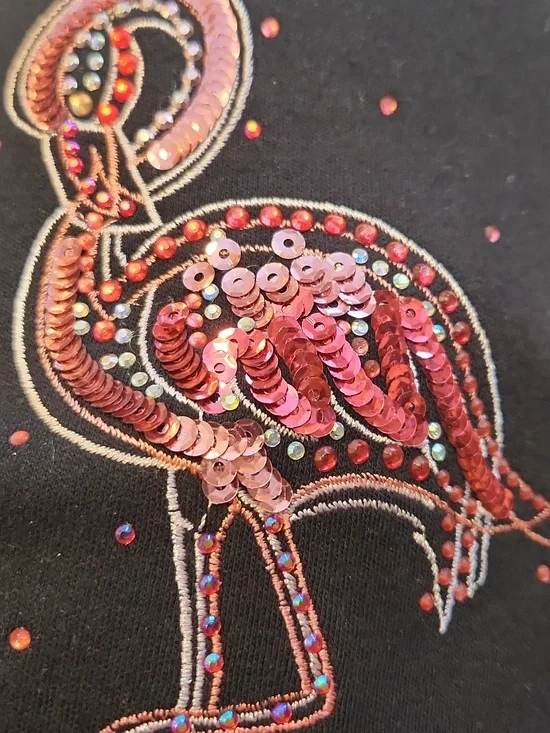 Quacker Factory By Jeanne Bicea Black Tee with Pink Sequin Flamingo Size L - Picture 15 of 15